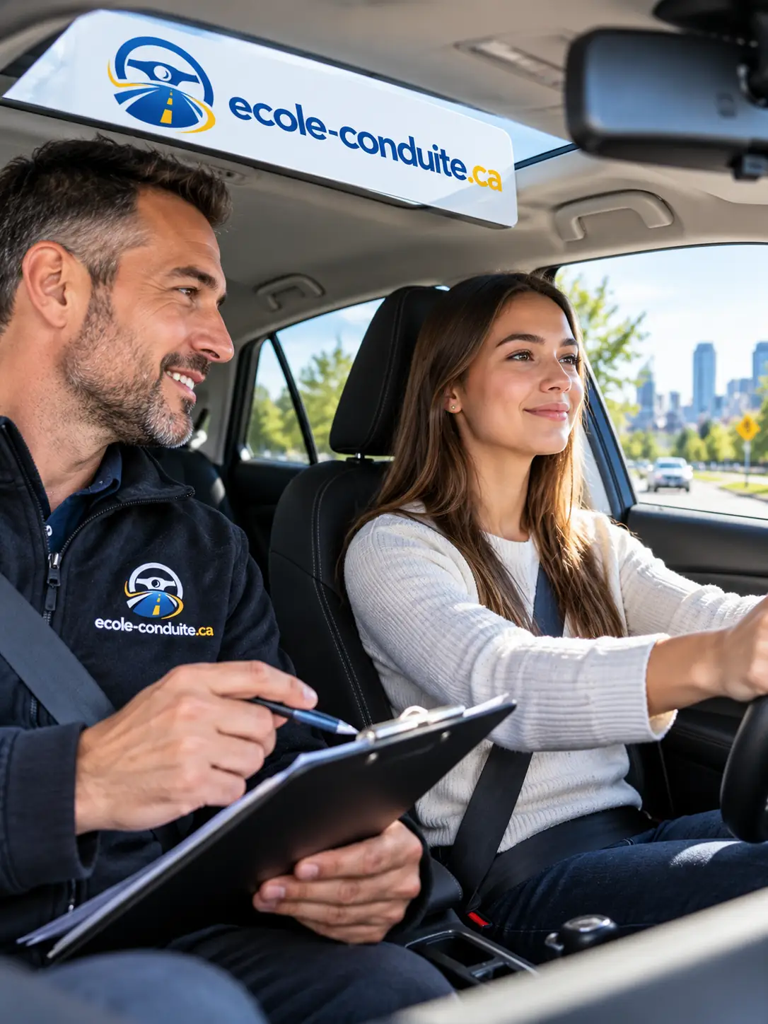 Élève au volant accompagnée d'un moniteur de conduite